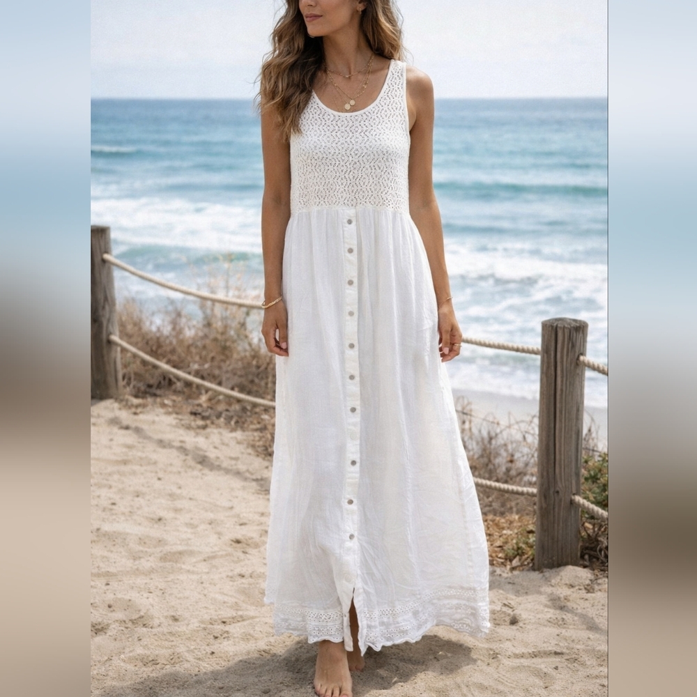 Knot Sisters White Lace Maxi Dress Size M Boho Button Front Sleeveless